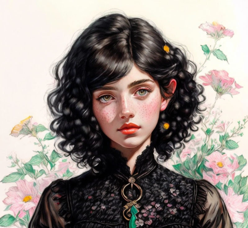 Digital painting of young woman with dark curly hair, freckles, pink flowers, butterflies, and