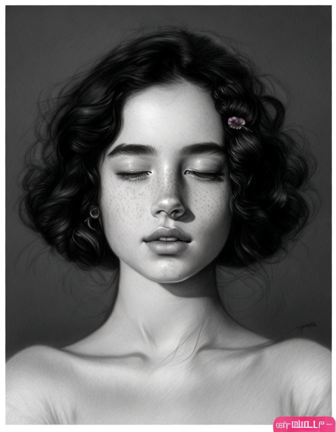 Monochromatic portrait of person with closed eyes, curly hair, freckles, and flower.