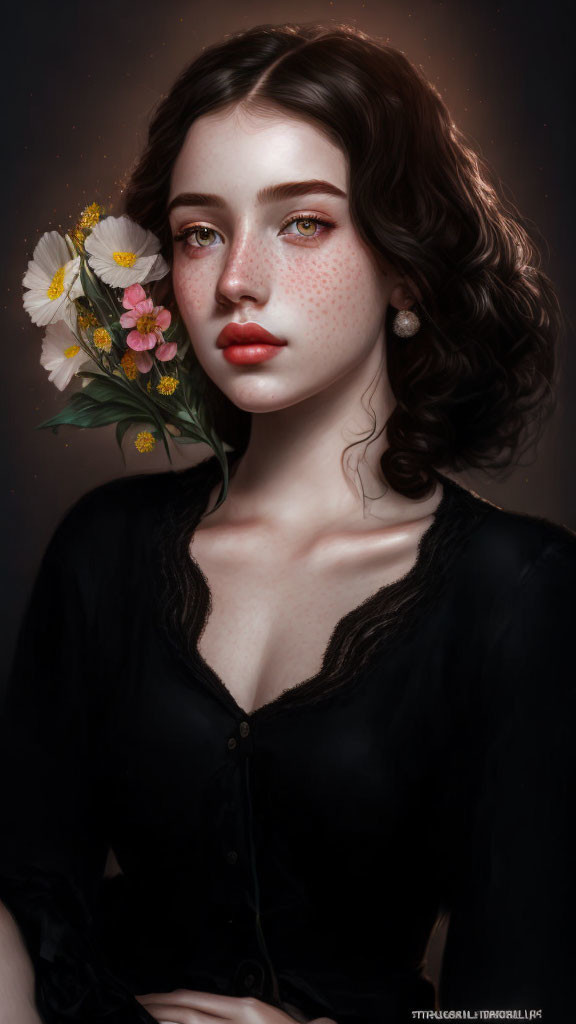 Portrait of Woman with Freckles Holding Flowers, Dark Hair, Striking Eyes