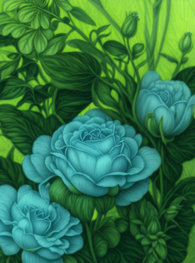 Turquoise Roses Among Green Foliage: Lush Botanical Illustration