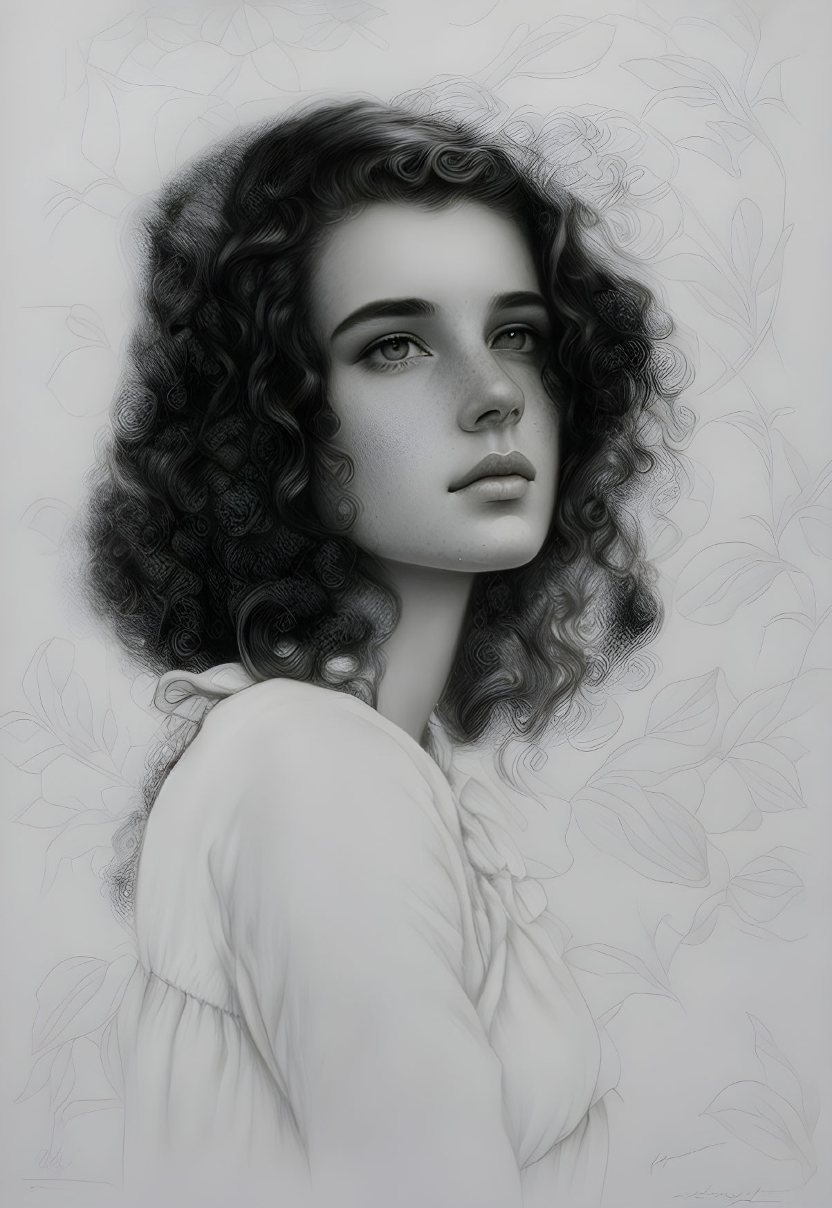 Monochrome portrait of woman with curly hair and serene expression