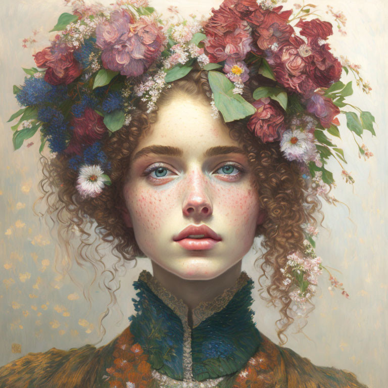 Portrait of Woman with Blue Eyes and Curly Hair in Floral Crown