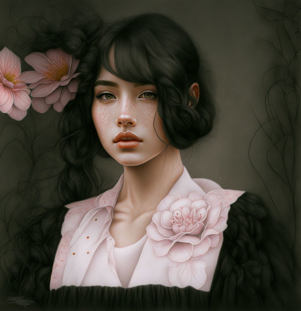 Digital painting of woman with freckles, dark curly hair, and floral adornments in pink attire