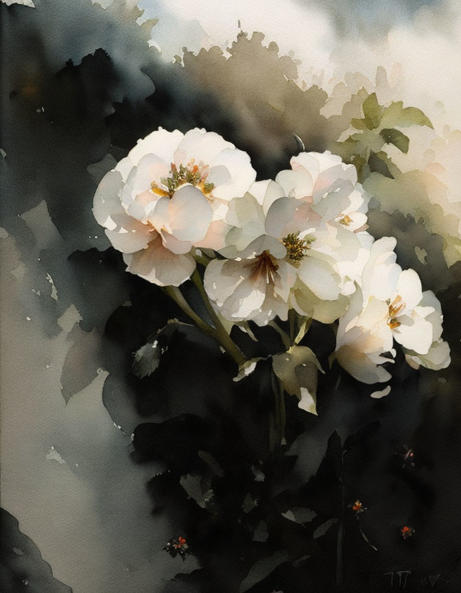 Delicate White Wild Roses Watercolor Painting