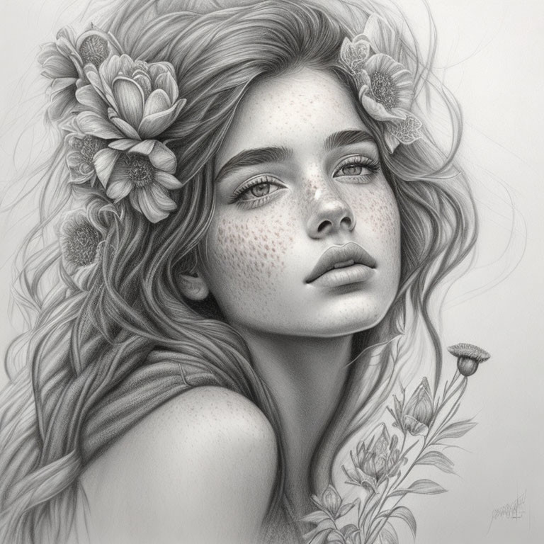 Detailed pencil portrait of young woman with flowing hair and freckles.