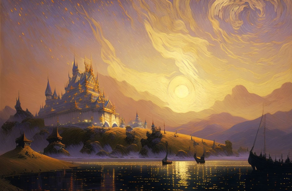 Majestic castle on hill in fantasy sunset landscape