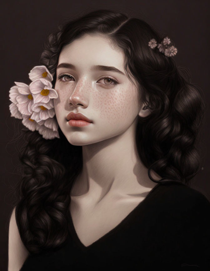 Portrait of young woman with dark wavy hair and flowers, fair skin, and gentle gaze