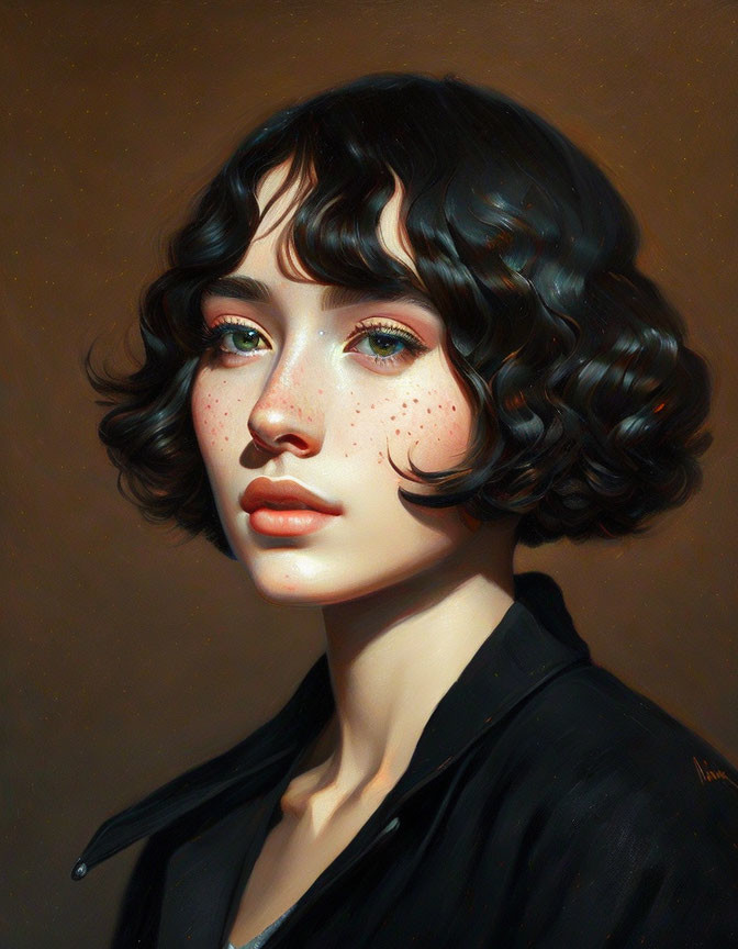 Portrait of Woman with Short Curly Hair and Green Eyes in Dark Top