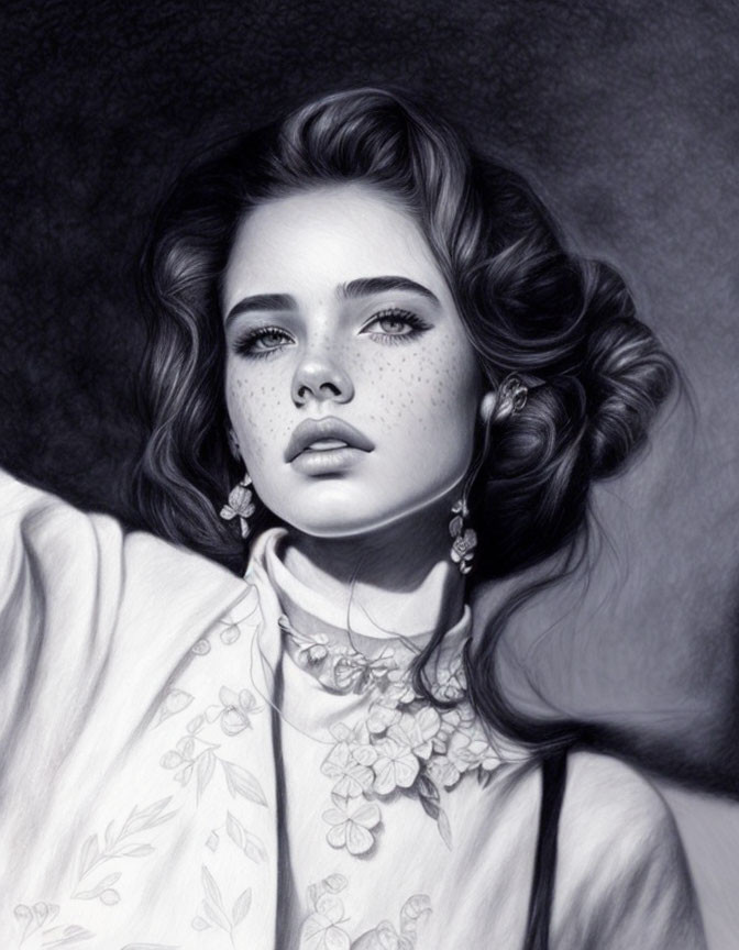 Monochrome drawing of young woman with wavy hair and freckles