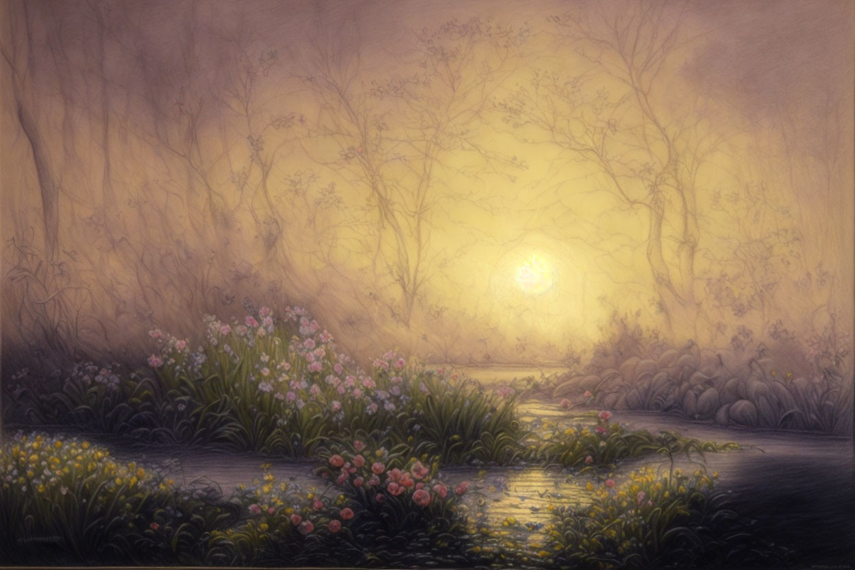 Sunlit meadow with flowers, stream, and backlit trees in serene landscape.