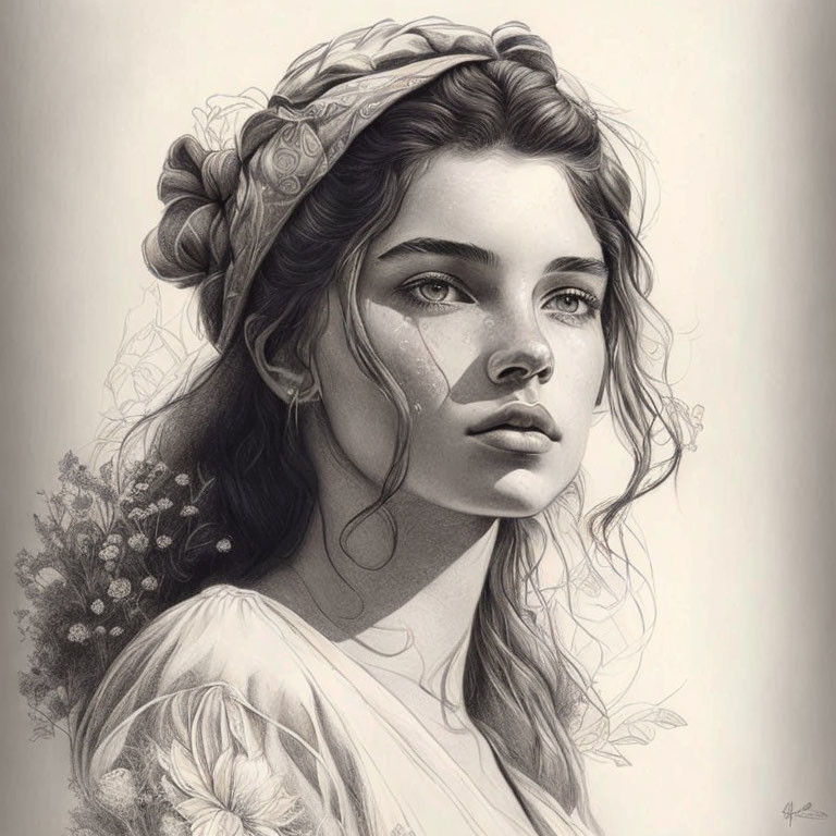 Detailed pencil drawing of young woman with headband and flowers, gazing left