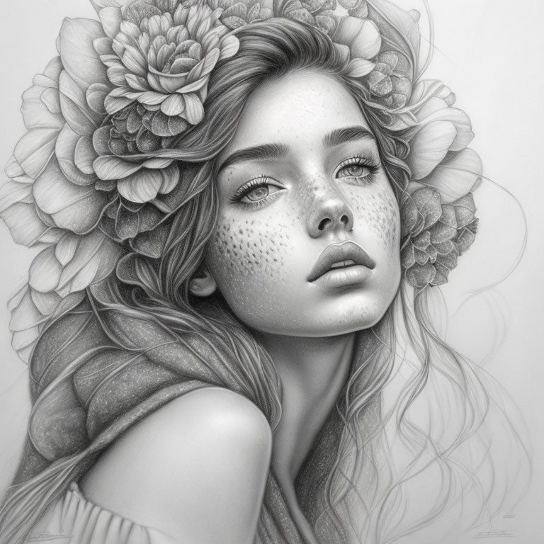 Monochrome illustration of young woman with freckles and peony flowers