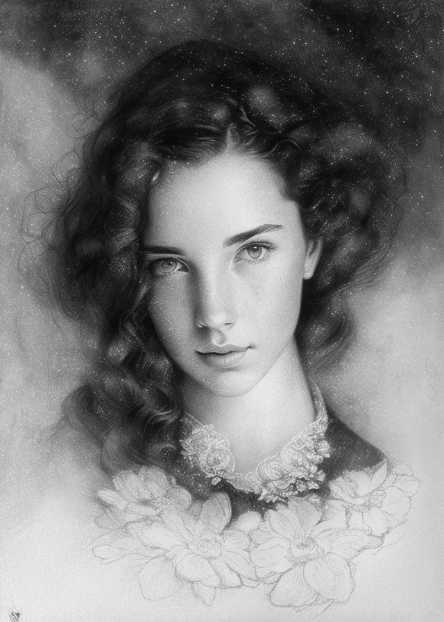 Young woman pencil sketch with wavy hair and intense eyes against starry background