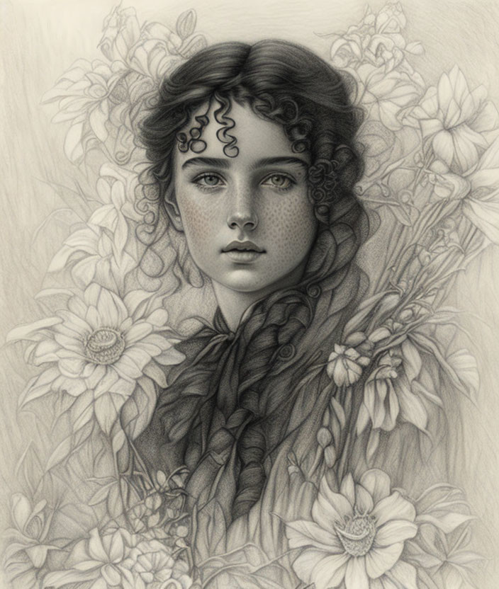 Detailed pencil portrait of young woman with curly hair and floral patterns.