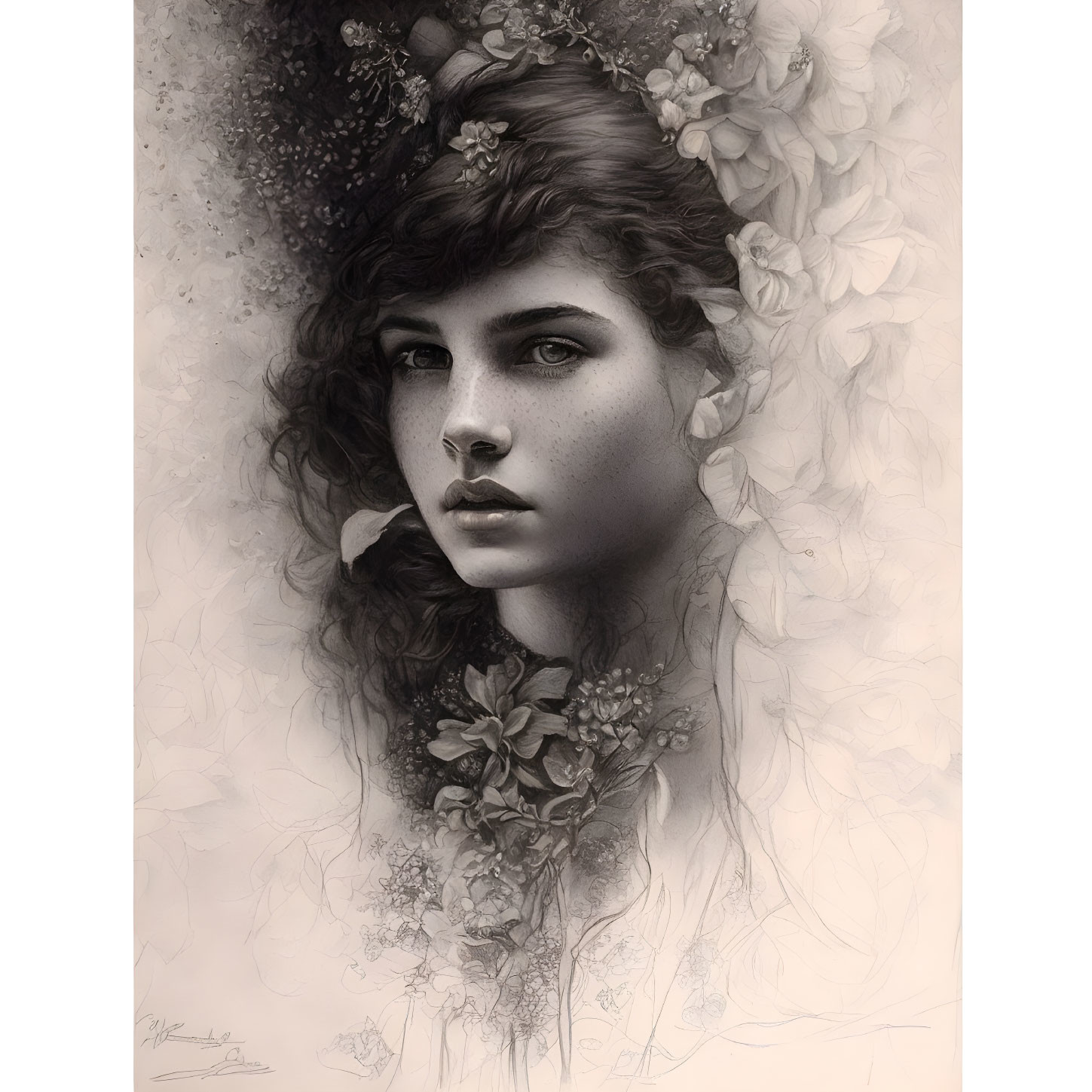 Monochromatic artwork featuring woman with floral adornments.