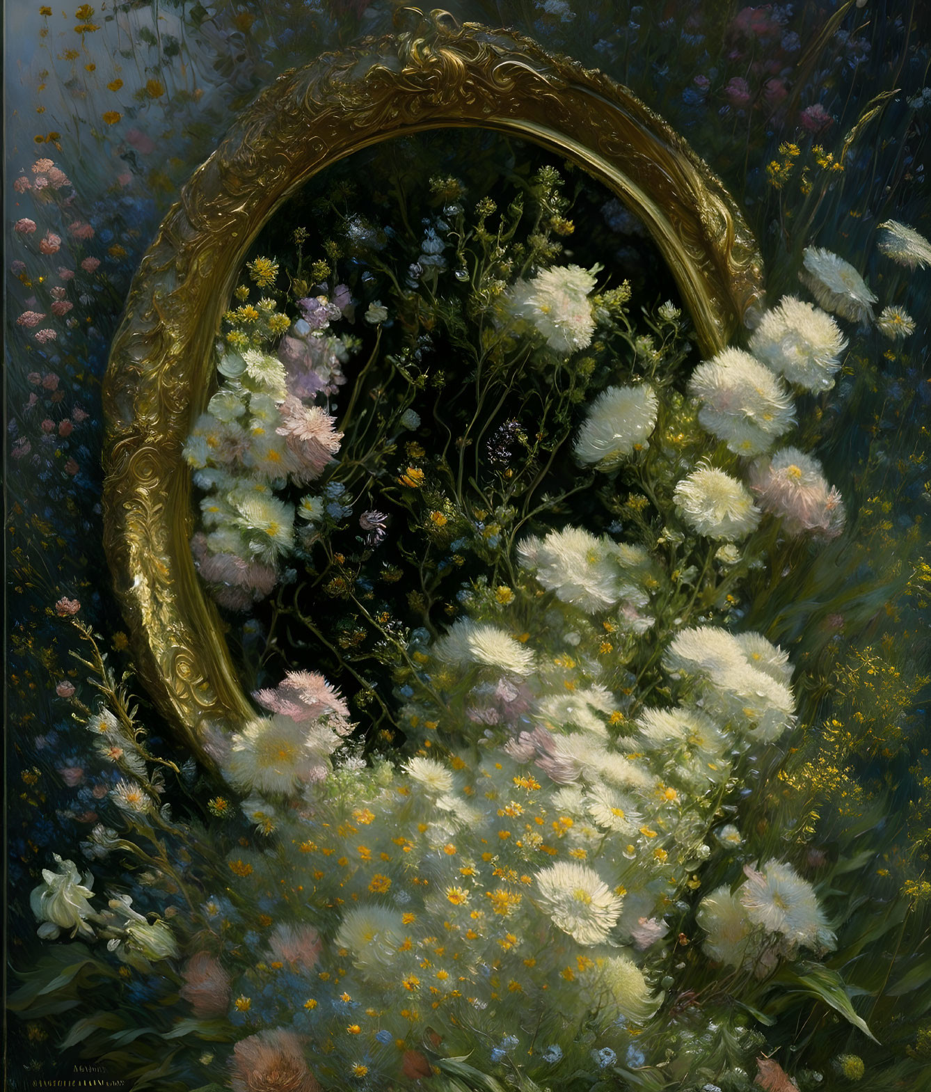 Gold-framed mirror reflecting wildflowers and foliage against dark, floral background