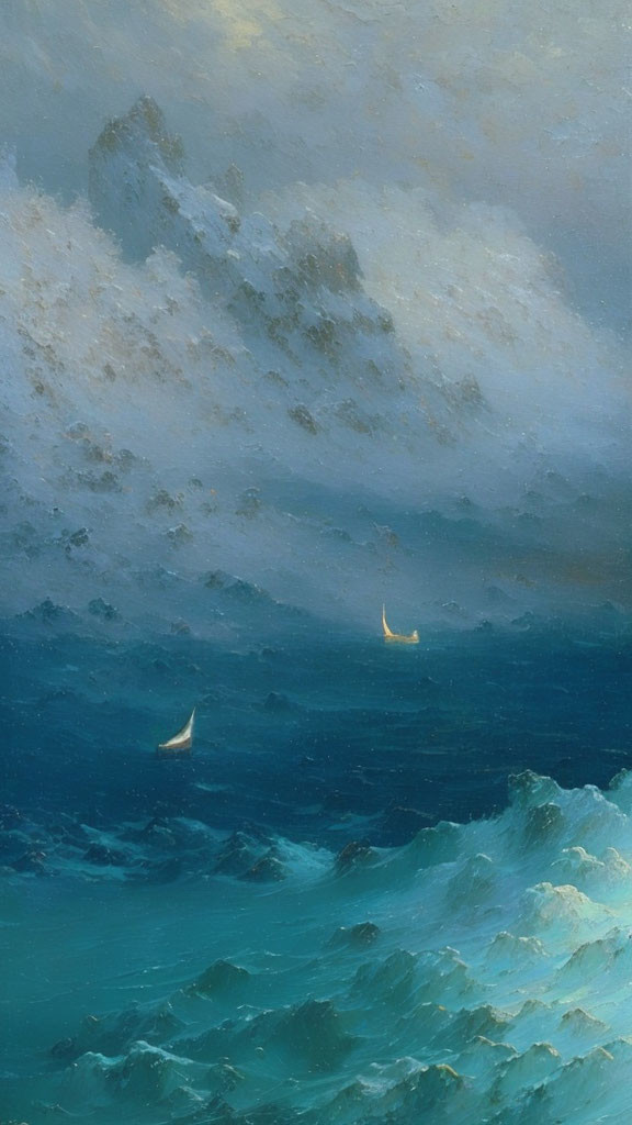 Serene seascape painting of turbulent ocean waves and sailboats