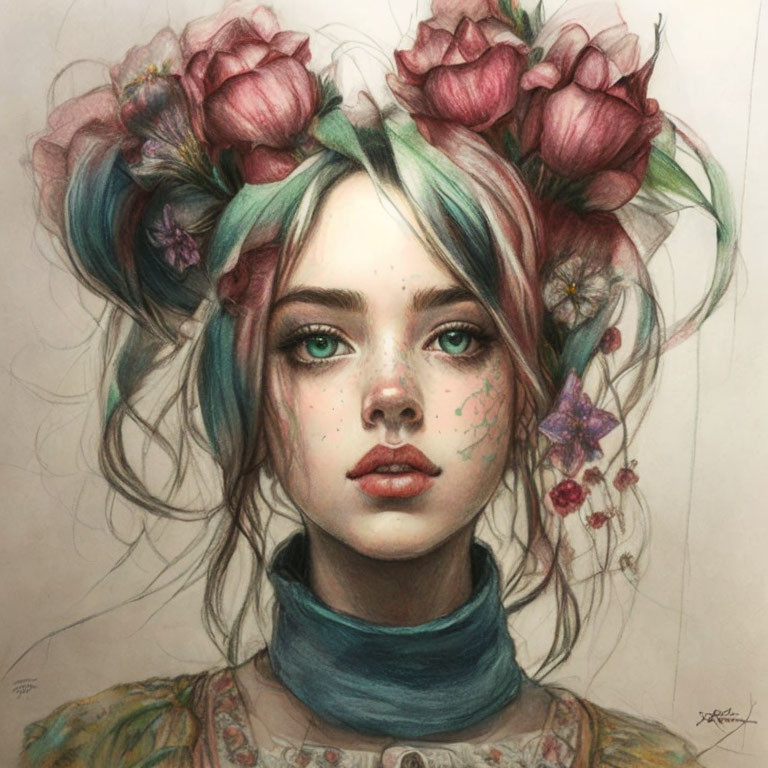 Illustrated portrait of young woman with turquoise hair highlights and floral decorations