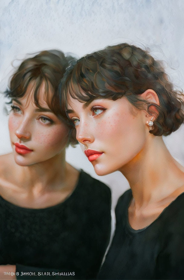 Two women illustration: delicate features, wavy hair, soft blush, reflective pose, dreamy background