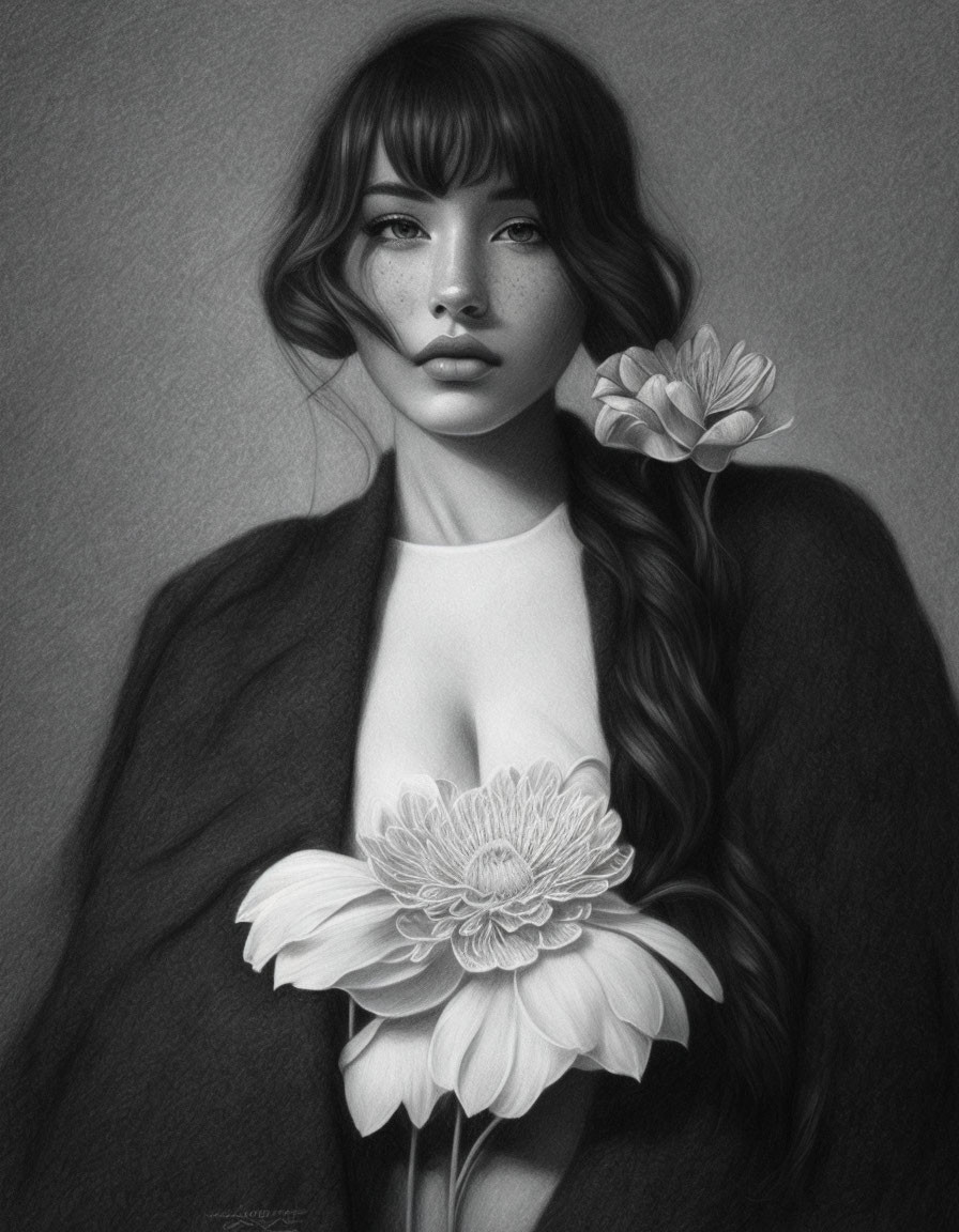 Woman with long hair holding a flower in monochrome portrait