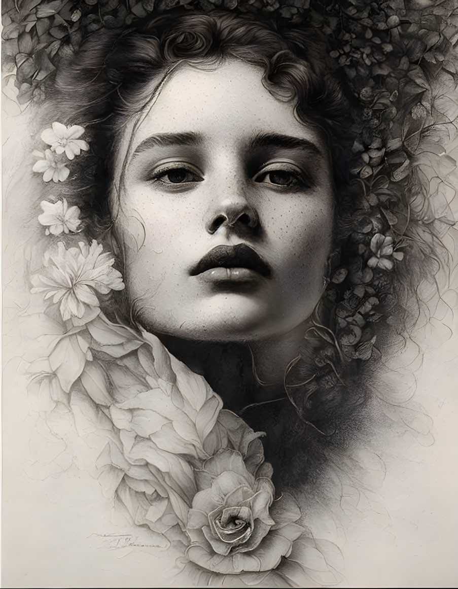 Detailed Monochrome Drawing of Woman with Floral Elements