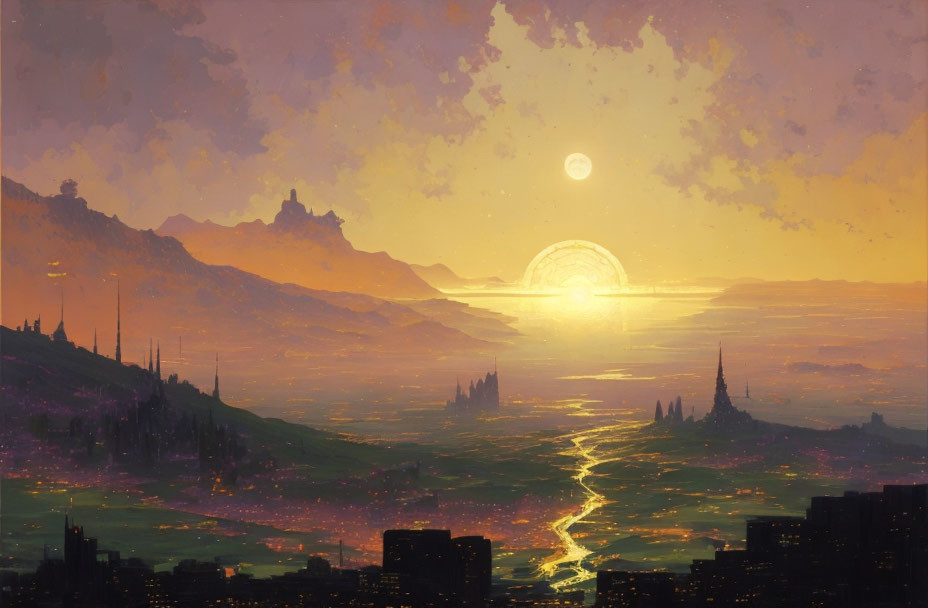 Futuristic sunset landscape with light river and advanced cities