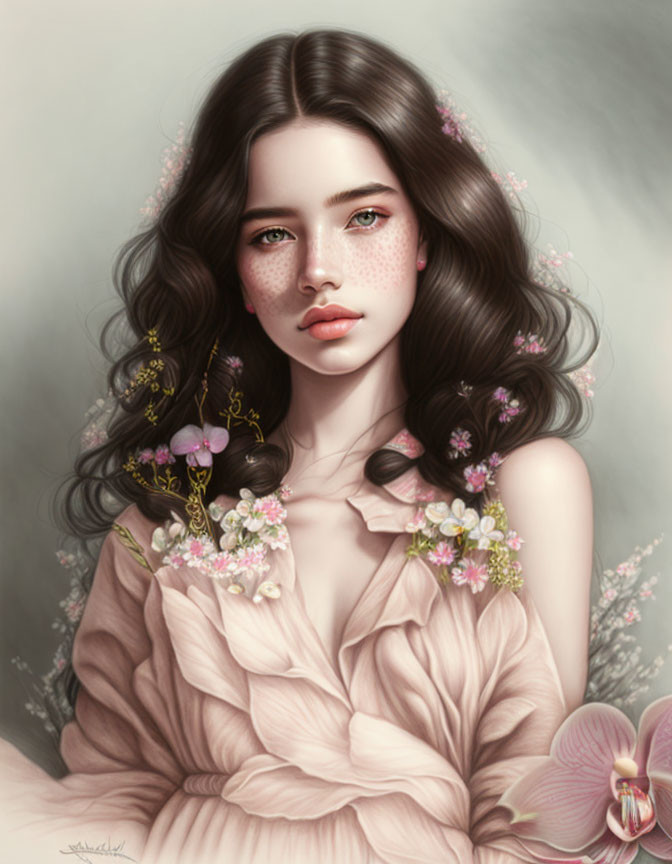 Portrait of woman with flowing brown hair, freckles, pink dress adorned with flowers