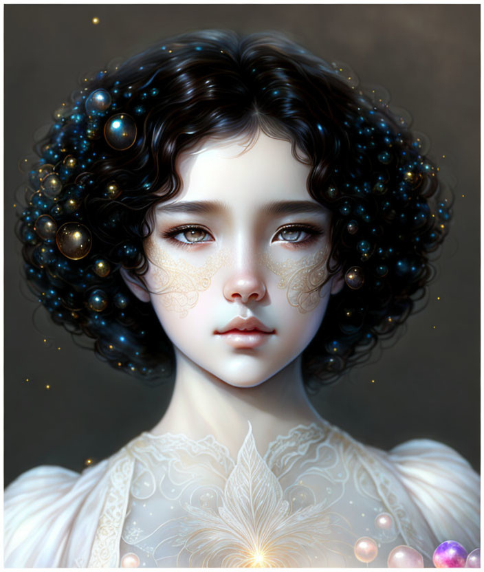 Digital artwork featuring young woman with dark curly hair and cosmic orbs, adorned with delicate lace patterns.