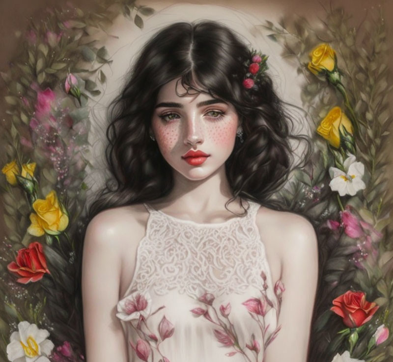 Digital painting: Woman with porcelain skin, dark hair, freckles, amidst colorful flowers