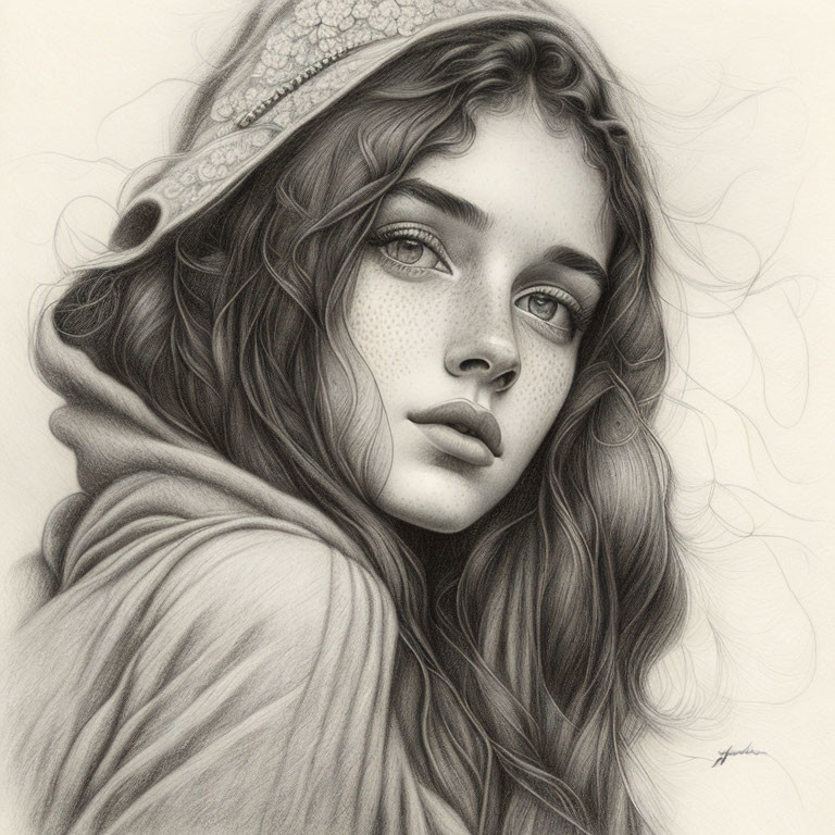 Realistic pencil drawing of young woman with wavy hair and freckles