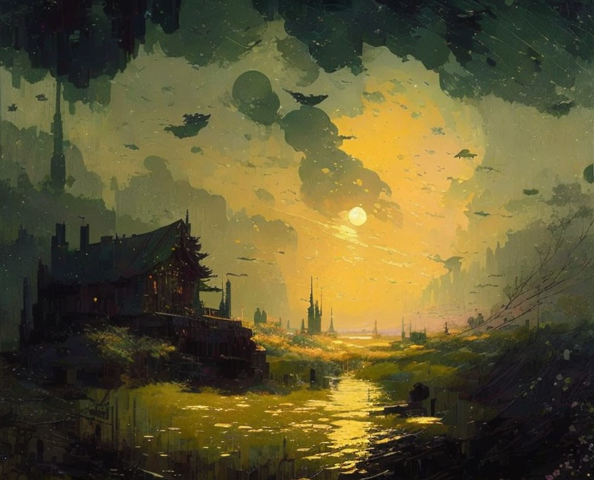 Atmospheric painting of solitary house by river at sunset