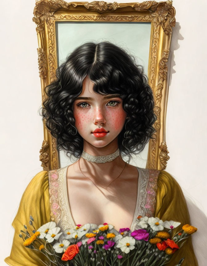 Digital artwork: Young woman with curly black hair and freckles holding flowers in classical frame