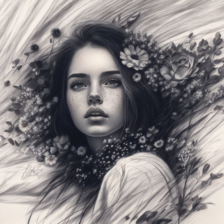 Monochromatic pencil drawing of young woman with flower-adorned hair