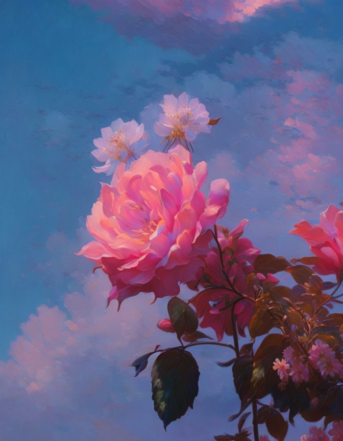 Tranquil painting of pink roses under a blue sky