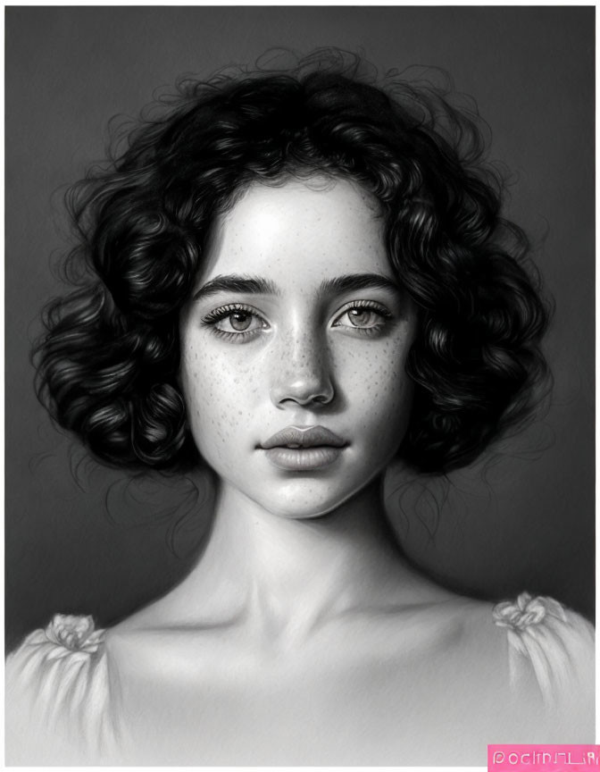 Monochrome portrait of young woman with curly hair and freckles