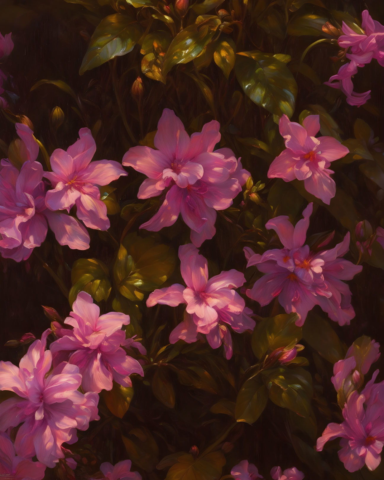 Classic Oil Painting: Pink Flowers in Green Foliage