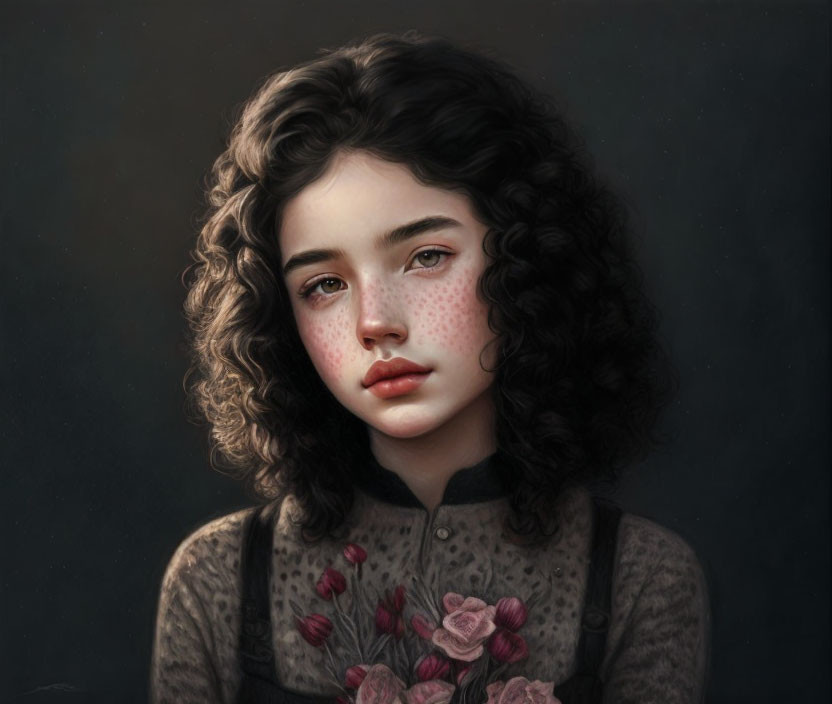 Girl with Curly Hair in Floral Dress and Freckles