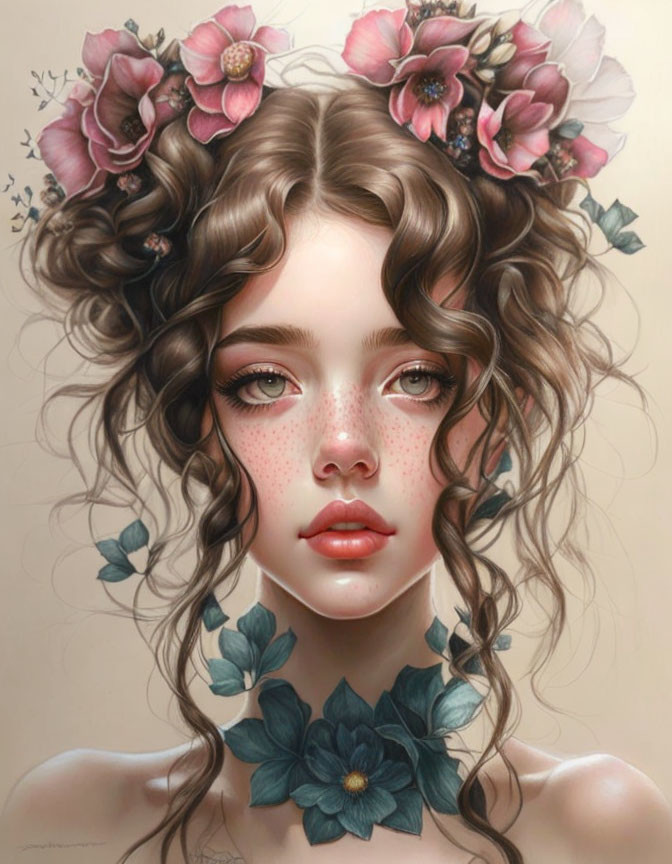 Girl with Wavy Hair, Freckles & Floral Adornments: Romantic, Ethereal Illustr