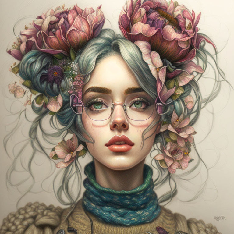 Portrait of young woman with blue-green hair, round glasses, crown of pink flowers.