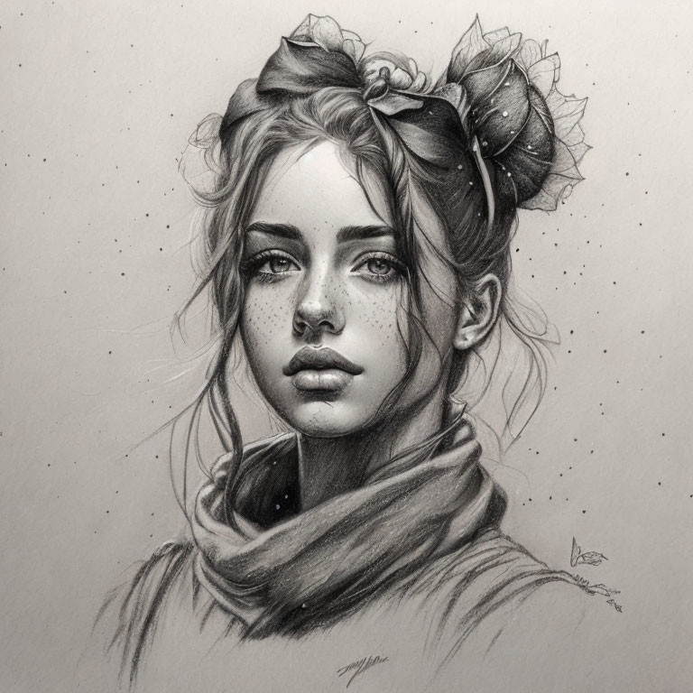 Detailed pencil portrait of young woman with bow, freckles, and scarf