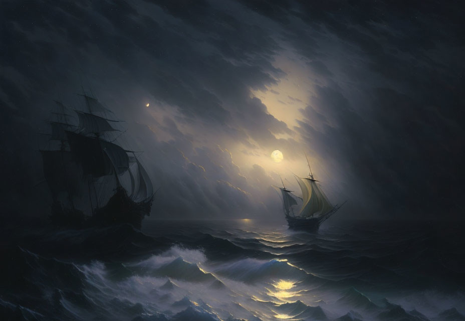 Moonlit seascape with two sailing ships on turbulent waters under a dramatic cloudy sky