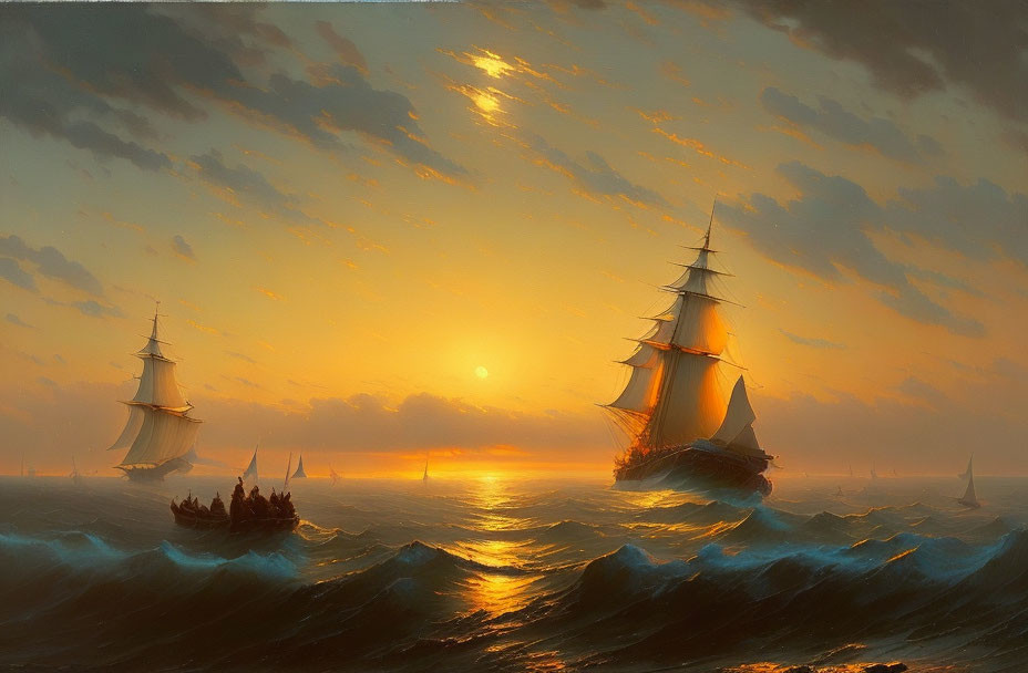 Sailing ships on choppy seas at sunset with golden light.