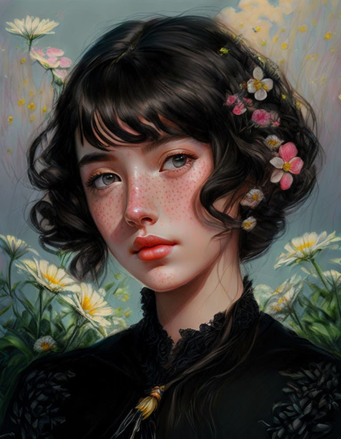 Young woman digital portrait with dark hair, freckles, flowers, and ruffled garment