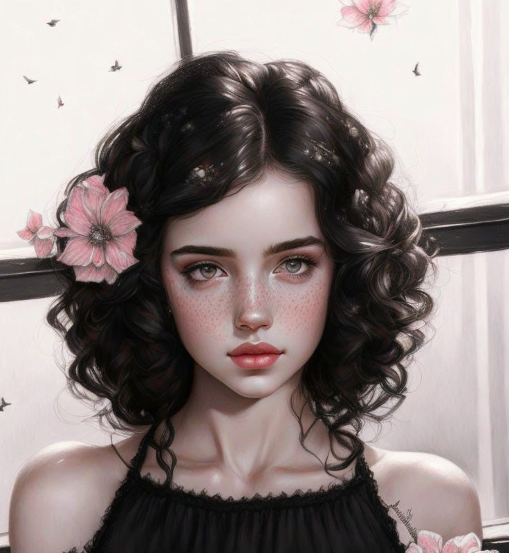 Digital artwork: Young woman with curly dark hair, fair skin, freckles, intense eyes,