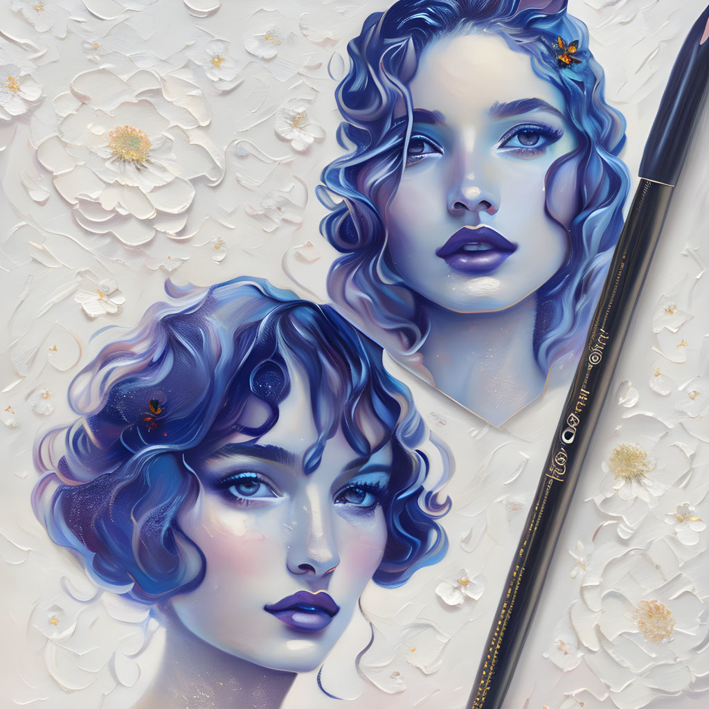 Stylized women's faces with blue curls and flowers on textured canvas