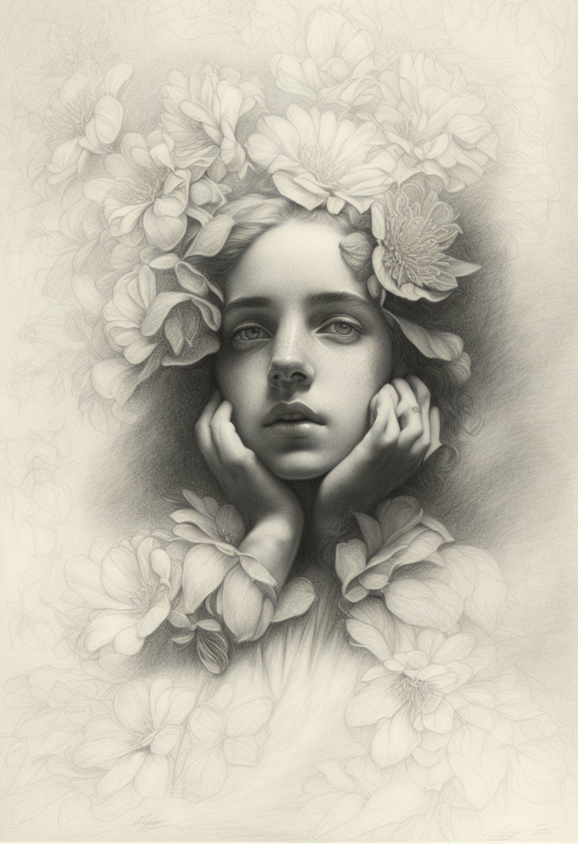 Detailed pencil sketch of woman surrounded by floral patterns, in contemplative pose.