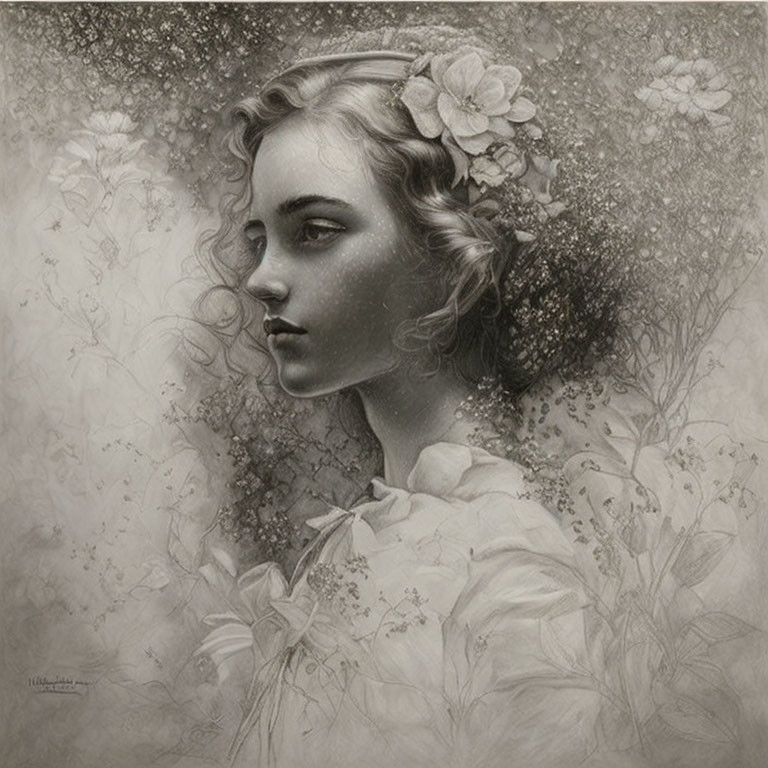 Monochrome illustration: Young woman with floral hair surrounded by serene atmosphere