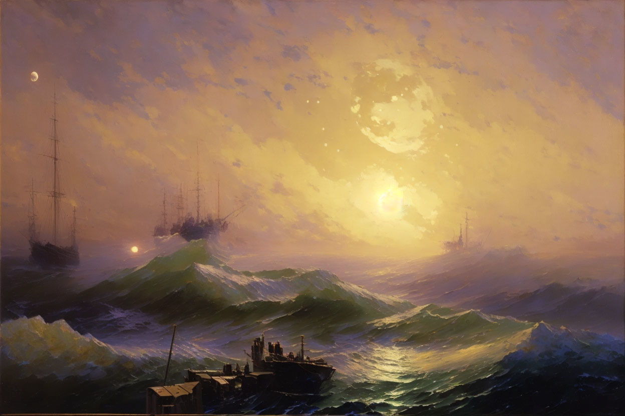 Moonlit sailing ships on turbulent seas with reflective waves.