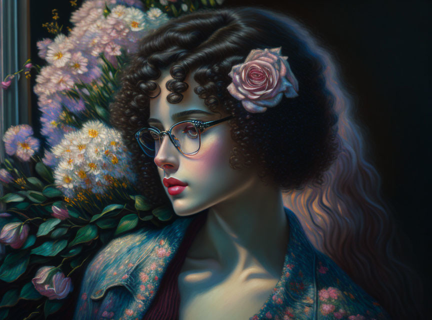 Stylized portrait of woman with curly hair, glasses, pink rose, and blooming flowers at