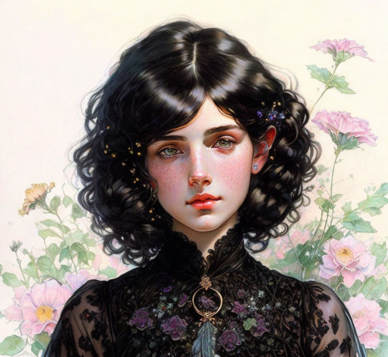 Portrait of young woman with curly black hair and freckles, featuring expressive eyes and floral elements.